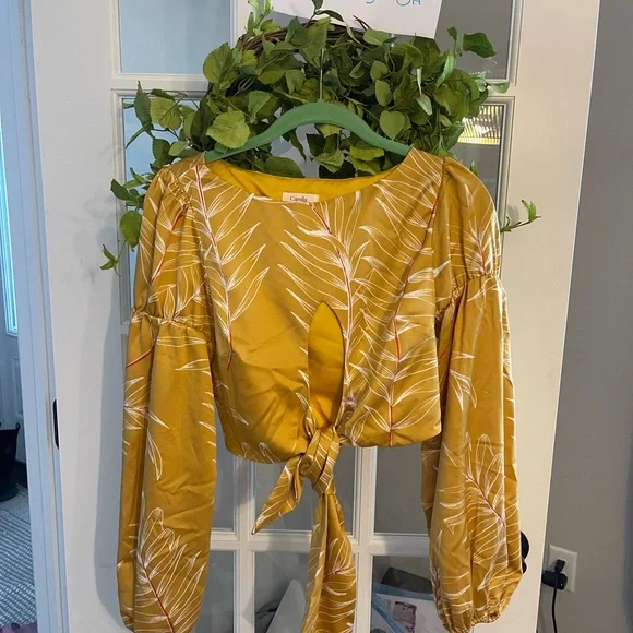 Revolve Camila Coelho Gold Long Sleeve Tie Front Blouse - Picture 2 of 2